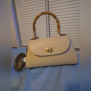 Cream Satchel with Bamboo-Style Top Handle and Gold Turn-Lock